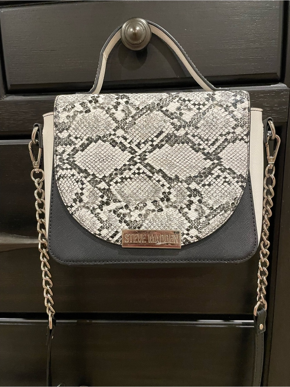 Steve Madden Black and Snake Print Top-Handle Crossbody